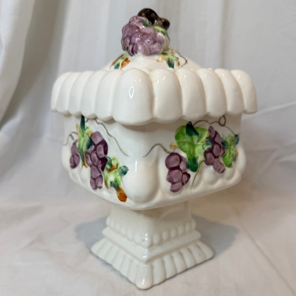 Vintage Ceramic Footed Trinket Box Grape Vine Pedestal Candy Dish with Lid